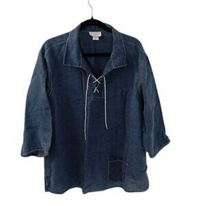 Jordan Woman 2X Navy Blue 100% Linen Lace-Up Collared Top With Pocket